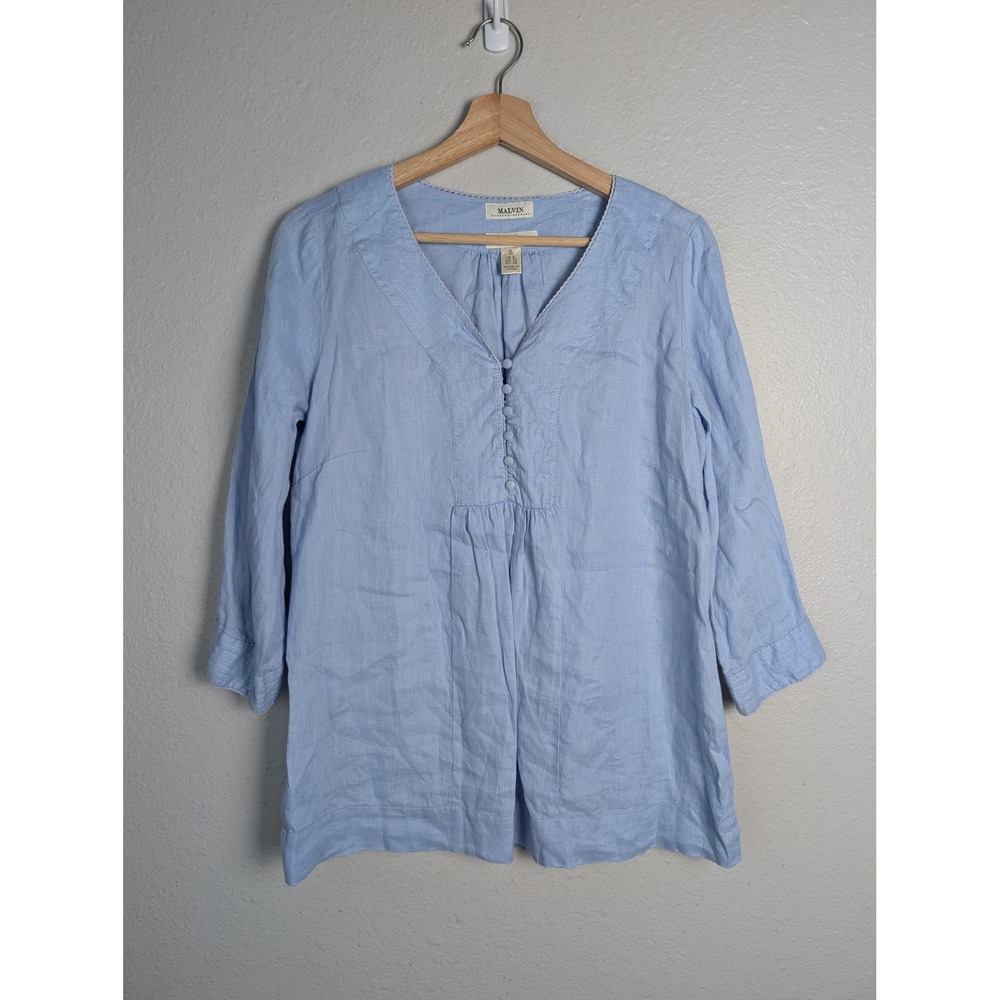 MALVIN Tunic Blouse Womens S Blue V-Neck 3/4 Sleeve Linen‎ Lightweight Relaxed
